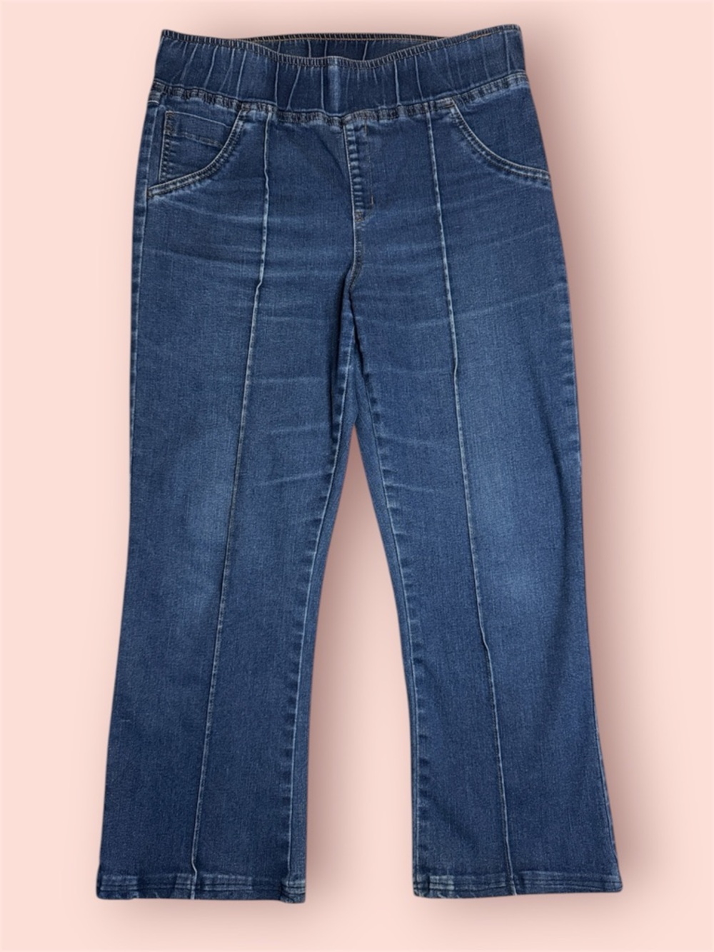 HUE Women's Boot-Cut Cropped Pull-On Front Seam Jeans Dark Blue sz L